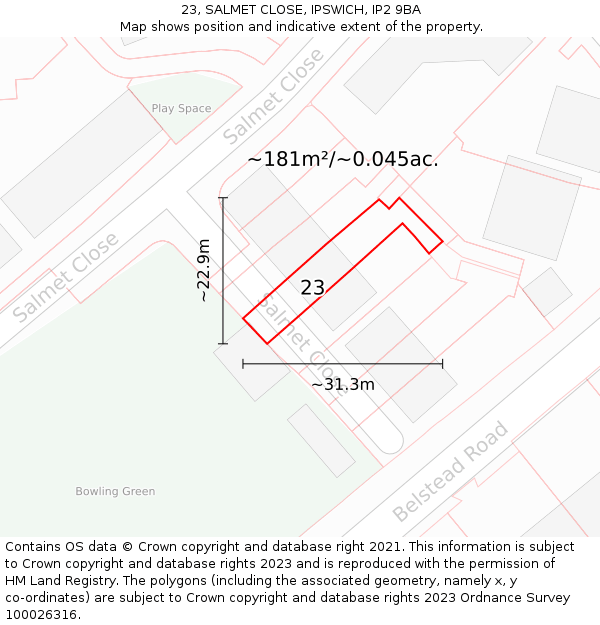 23, SALMET CLOSE, IPSWICH, IP2 9BA: Plot and title map
