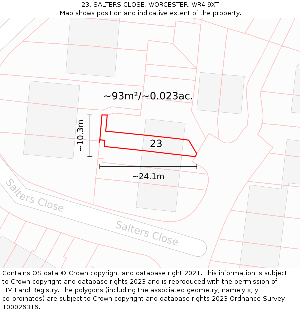 23, SALTERS CLOSE, WORCESTER, WR4 9XT: Plot and title map