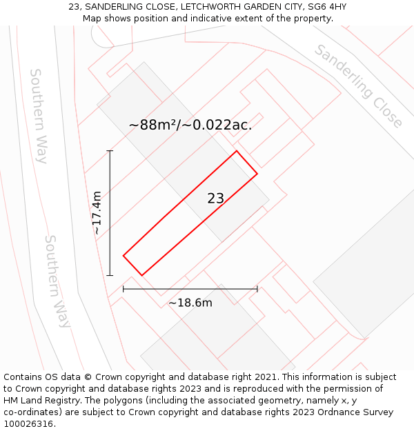 23, SANDERLING CLOSE, LETCHWORTH GARDEN CITY, SG6 4HY: Plot and title map