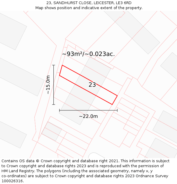 23, SANDHURST CLOSE, LEICESTER, LE3 6RD: Plot and title map
