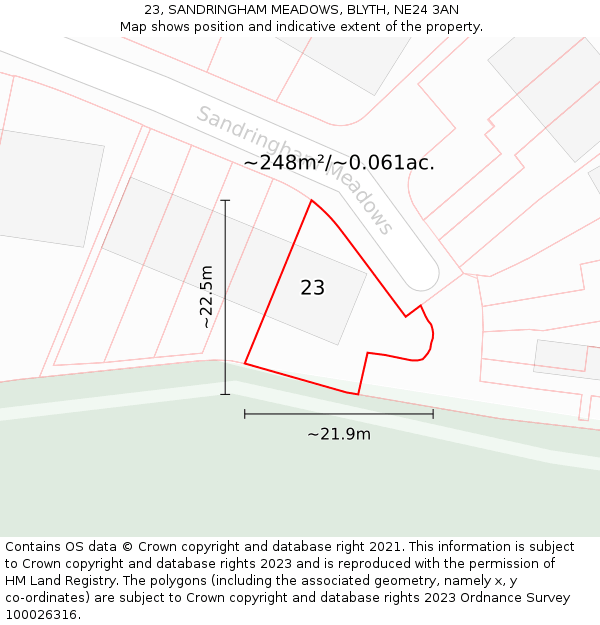 23, SANDRINGHAM MEADOWS, BLYTH, NE24 3AN: Plot and title map