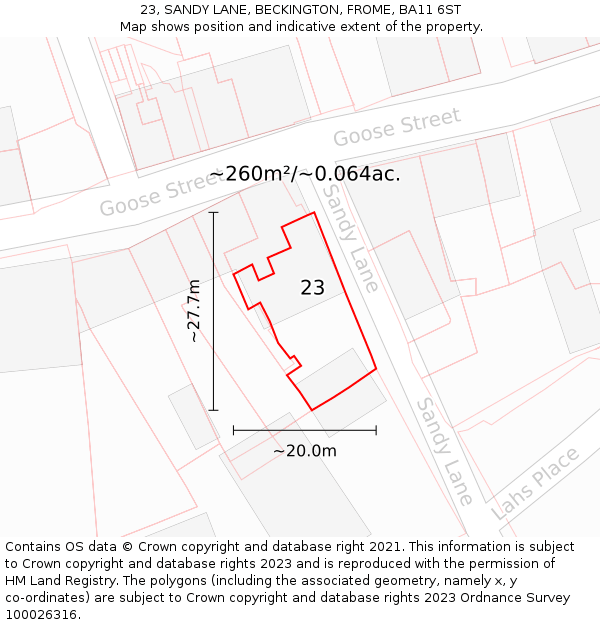 23, SANDY LANE, BECKINGTON, FROME, BA11 6ST: Plot and title map