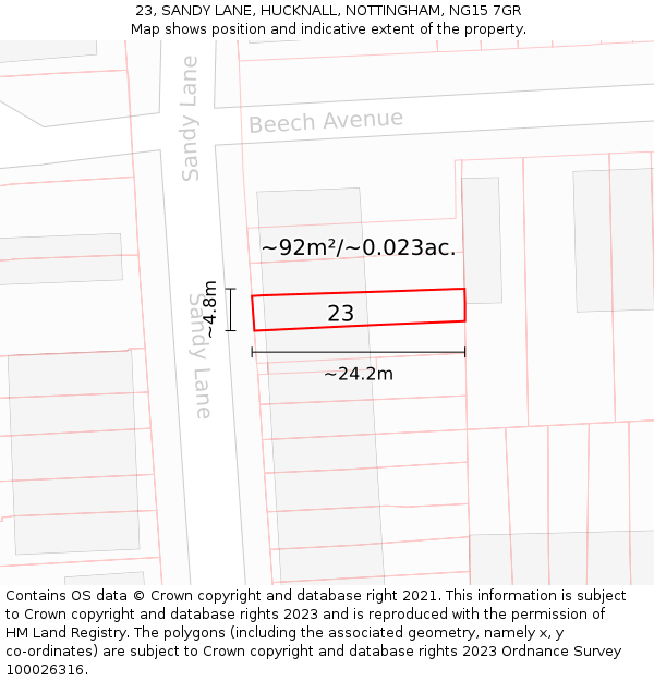 23, SANDY LANE, HUCKNALL, NOTTINGHAM, NG15 7GR: Plot and title map