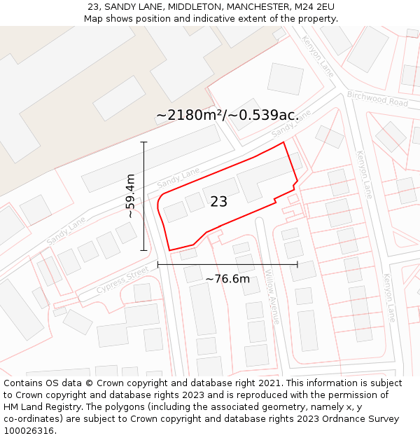 23, SANDY LANE, MIDDLETON, MANCHESTER, M24 2EU: Plot and title map