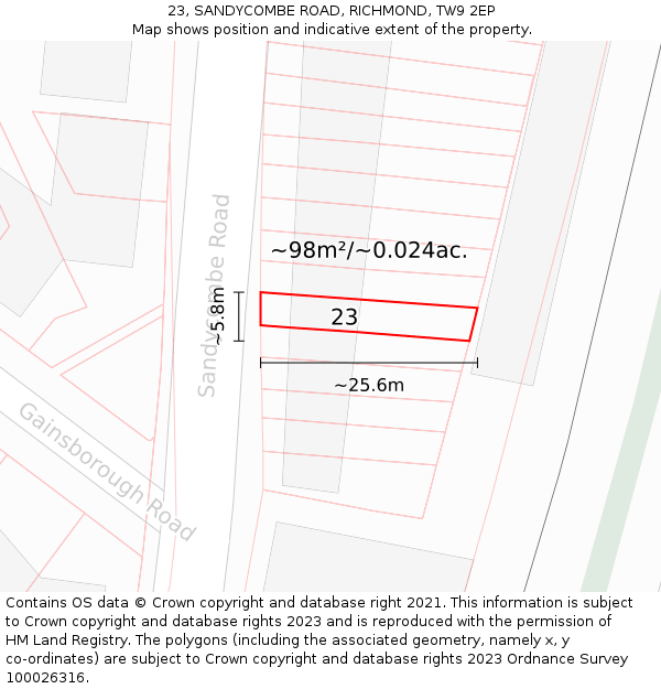23, SANDYCOMBE ROAD, RICHMOND, TW9 2EP: Plot and title map