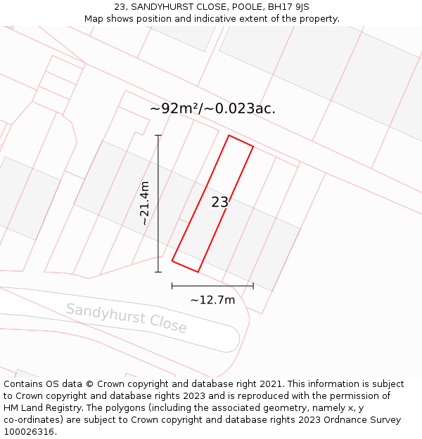 23, SANDYHURST CLOSE, POOLE, BH17 9JS: Plot and title map