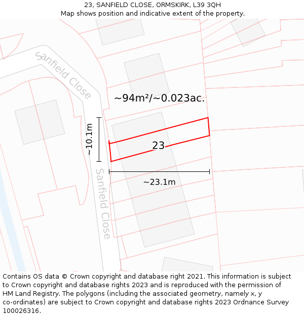 23, SANFIELD CLOSE, ORMSKIRK, L39 3QH: Plot and title map