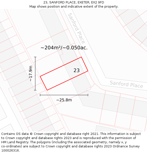 23, SANFORD PLACE, EXETER, EX2 9FD: Plot and title map