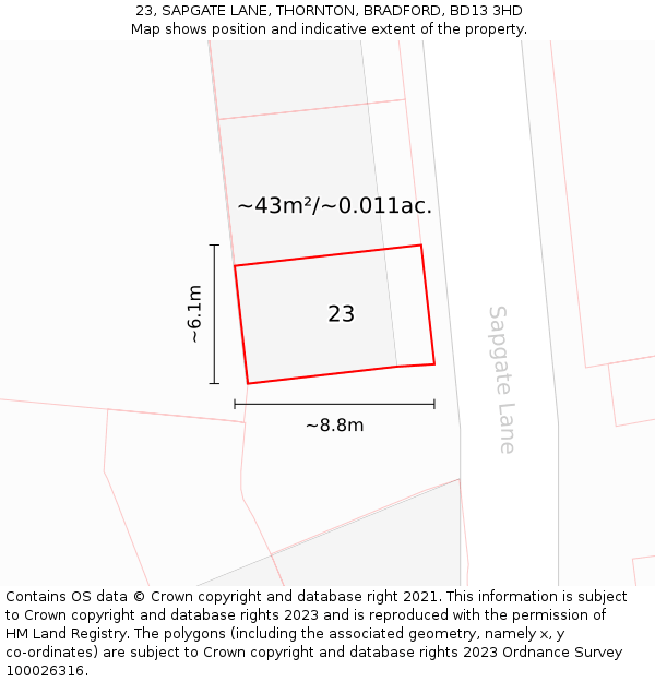 23, SAPGATE LANE, THORNTON, BRADFORD, BD13 3HD: Plot and title map