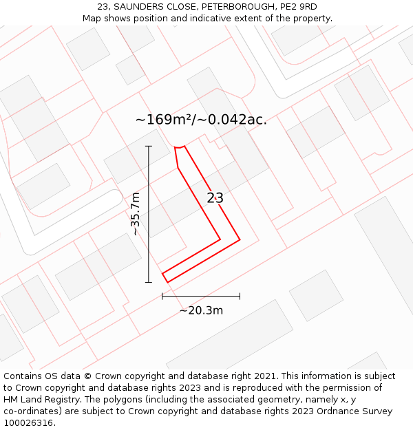 23, SAUNDERS CLOSE, PETERBOROUGH, PE2 9RD: Plot and title map