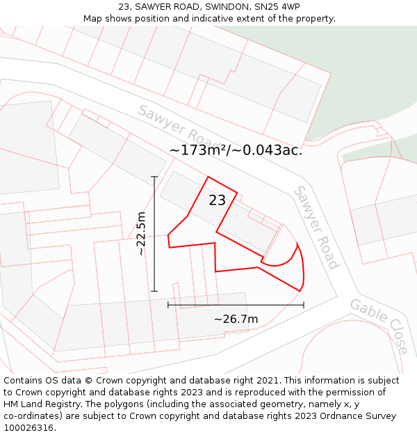 23, SAWYER ROAD, SWINDON, SN25 4WP: Plot and title map