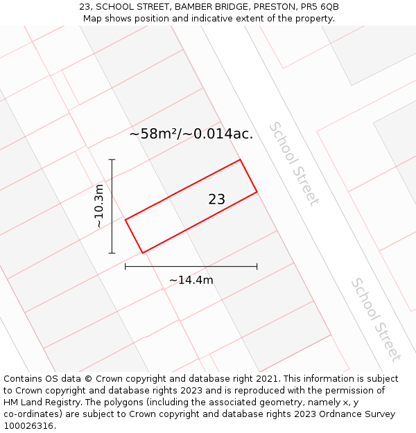 23, SCHOOL STREET, BAMBER BRIDGE, PRESTON, PR5 6QB: Plot and title map