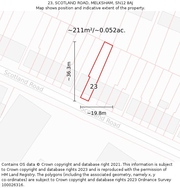 23, SCOTLAND ROAD, MELKSHAM, SN12 8AJ: Plot and title map