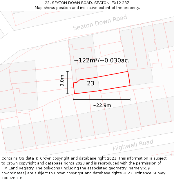 23, SEATON DOWN ROAD, SEATON, EX12 2RZ: Plot and title map