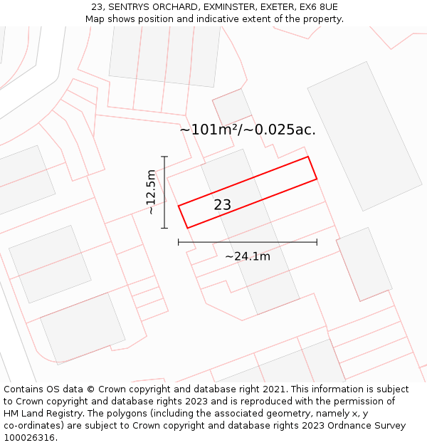 23, SENTRYS ORCHARD, EXMINSTER, EXETER, EX6 8UE: Plot and title map