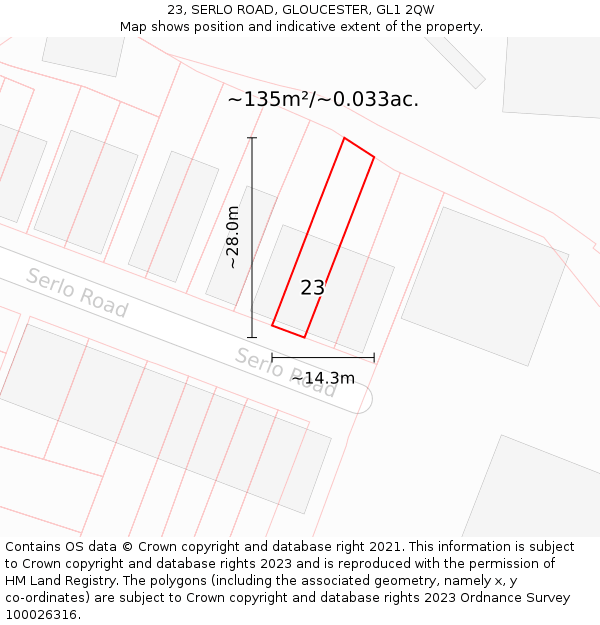 23, SERLO ROAD, GLOUCESTER, GL1 2QW: Plot and title map