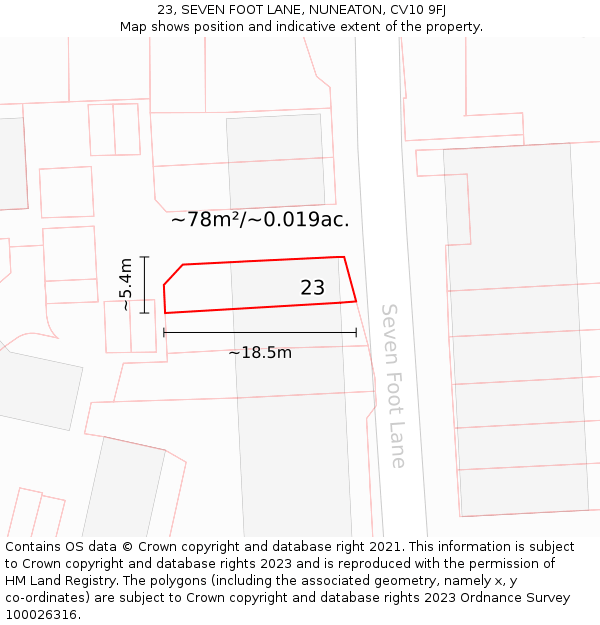 23, SEVEN FOOT LANE, NUNEATON, CV10 9FJ: Plot and title map