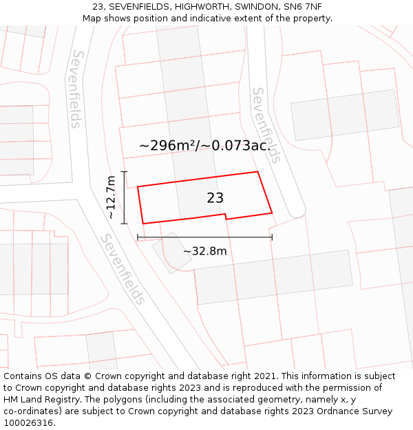 23, SEVENFIELDS, HIGHWORTH, SWINDON, SN6 7NF: Plot and title map