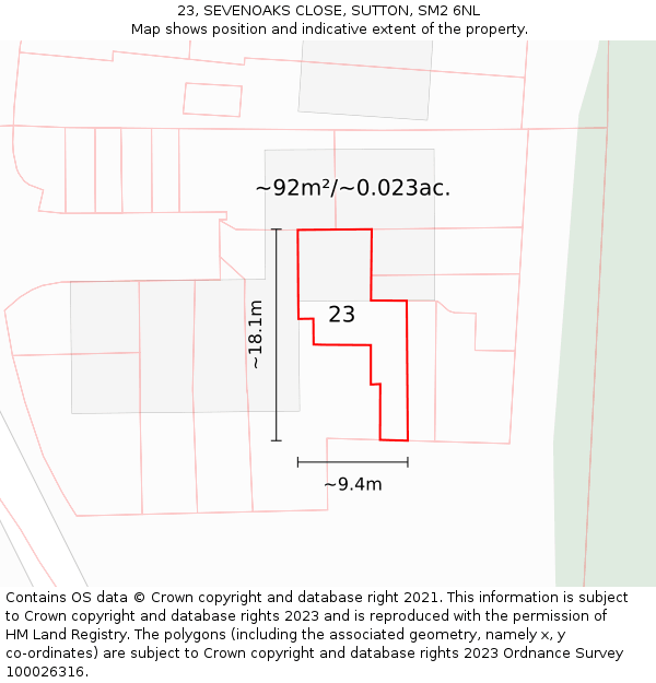 23, SEVENOAKS CLOSE, SUTTON, SM2 6NL: Plot and title map
