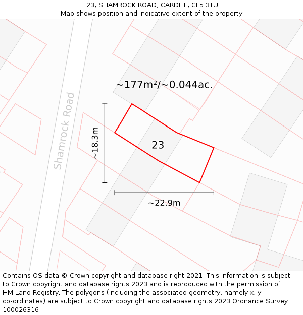 23, SHAMROCK ROAD, CARDIFF, CF5 3TU: Plot and title map