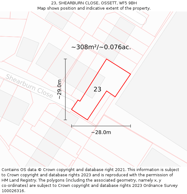 23, SHEARBURN CLOSE, OSSETT, WF5 9BH: Plot and title map