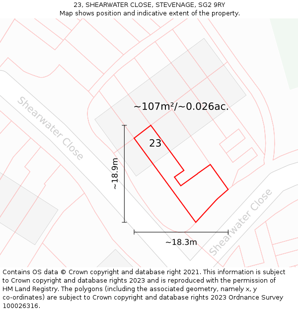 23, SHEARWATER CLOSE, STEVENAGE, SG2 9RY: Plot and title map