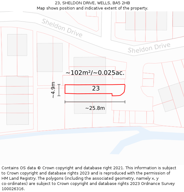 23, SHELDON DRIVE, WELLS, BA5 2HB: Plot and title map