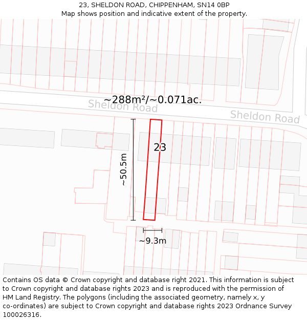 23, SHELDON ROAD, CHIPPENHAM, SN14 0BP: Plot and title map