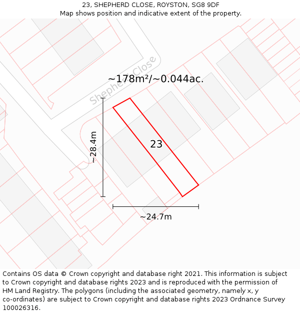 23, SHEPHERD CLOSE, ROYSTON, SG8 9DF: Plot and title map