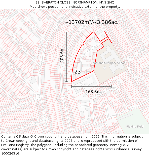 23, SHERATON CLOSE, NORTHAMPTON, NN3 2NQ: Plot and title map