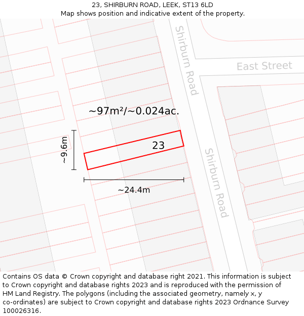 23, SHIRBURN ROAD, LEEK, ST13 6LD: Plot and title map
