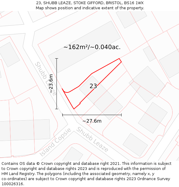 23, SHUBB LEAZE, STOKE GIFFORD, BRISTOL, BS16 1WX: Plot and title map