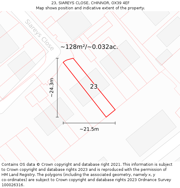 23, SIAREYS CLOSE, CHINNOR, OX39 4EF: Plot and title map