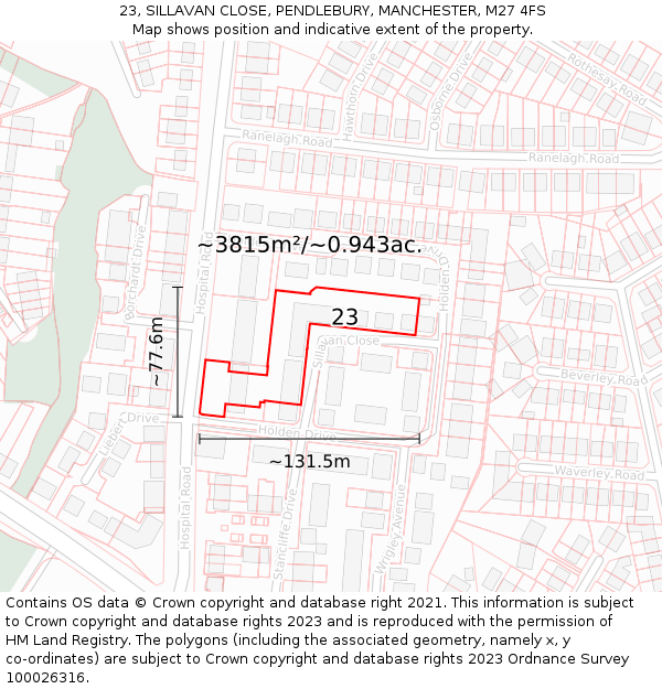23, SILLAVAN CLOSE, PENDLEBURY, MANCHESTER, M27 4FS: Plot and title map