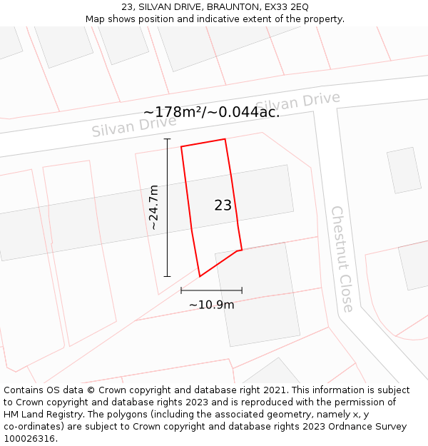 23, SILVAN DRIVE, BRAUNTON, EX33 2EQ: Plot and title map