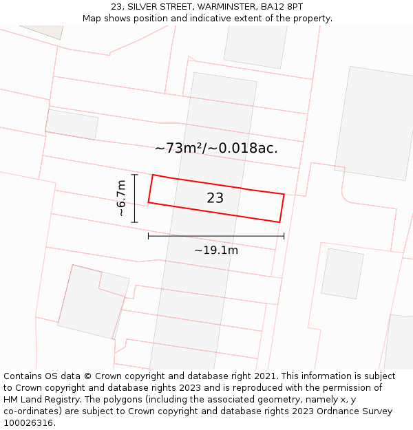 23, SILVER STREET, WARMINSTER, BA12 8PT: Plot and title map