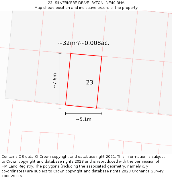 23, SILVERMERE DRIVE, RYTON, NE40 3HA: Plot and title map