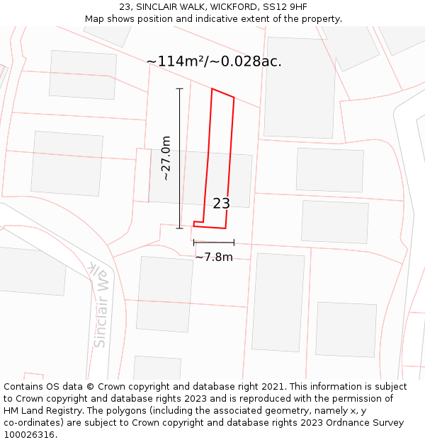 23, SINCLAIR WALK, WICKFORD, SS12 9HF: Plot and title map