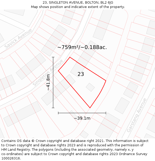 23, SINGLETON AVENUE, BOLTON, BL2 6JG: Plot and title map