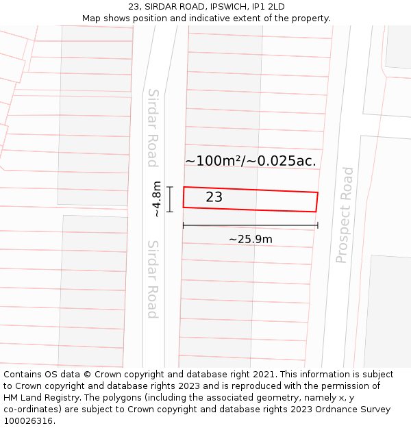 23, SIRDAR ROAD, IPSWICH, IP1 2LD: Plot and title map