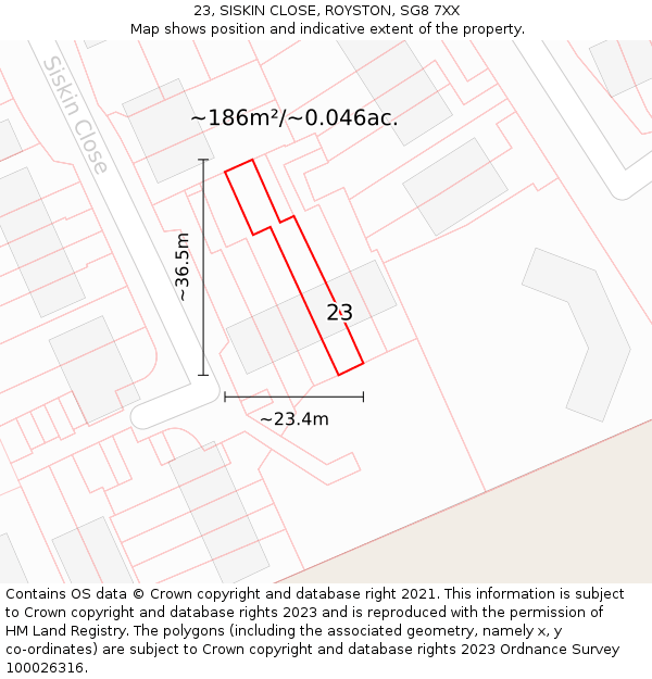 23, SISKIN CLOSE, ROYSTON, SG8 7XX: Plot and title map