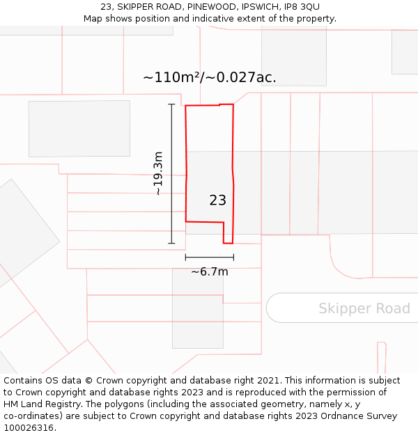 23, SKIPPER ROAD, PINEWOOD, IPSWICH, IP8 3QU: Plot and title map