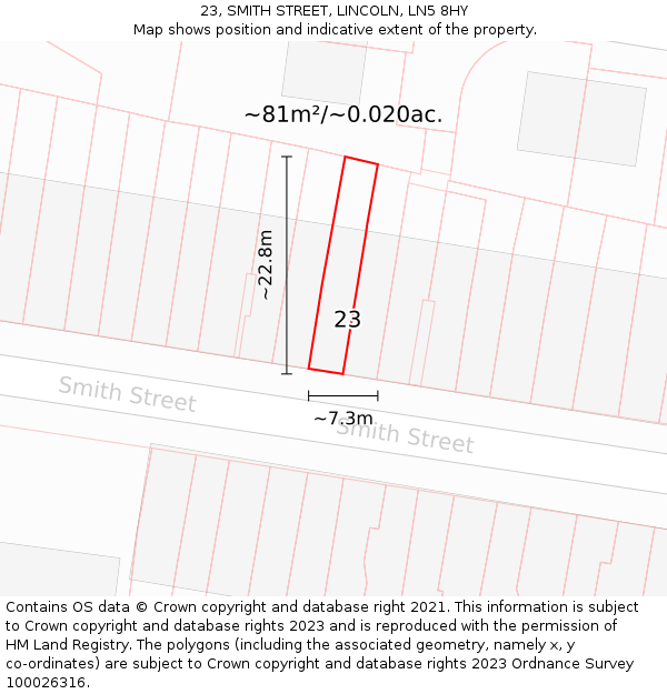 23, SMITH STREET, LINCOLN, LN5 8HY: Plot and title map