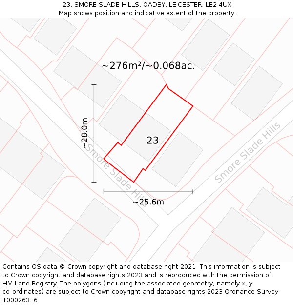23, SMORE SLADE HILLS, OADBY, LEICESTER, LE2 4UX: Plot and title map
