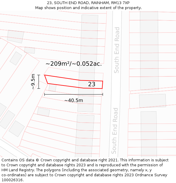 23, SOUTH END ROAD, RAINHAM, RM13 7XP: Plot and title map