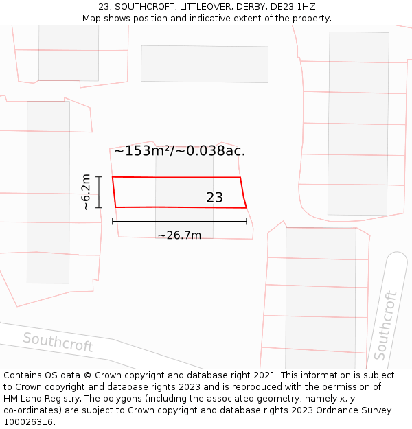 23, SOUTHCROFT, LITTLEOVER, DERBY, DE23 1HZ: Plot and title map