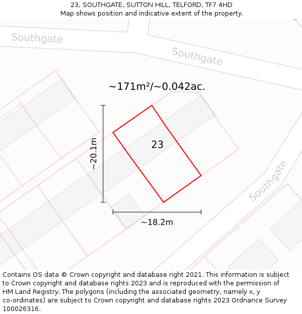 23, SOUTHGATE, SUTTON HILL, TELFORD, TF7 4HD: Plot and title map