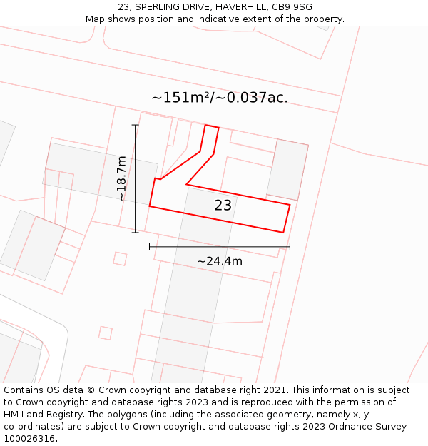 23, SPERLING DRIVE, HAVERHILL, CB9 9SG: Plot and title map