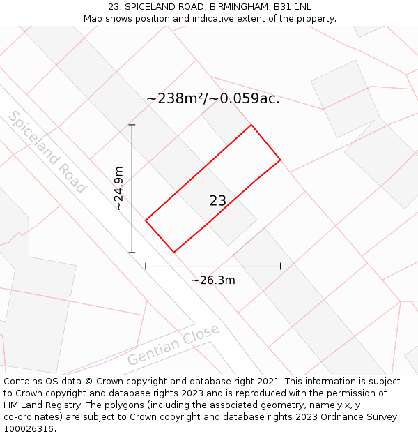 23, SPICELAND ROAD, BIRMINGHAM, B31 1NL: Plot and title map