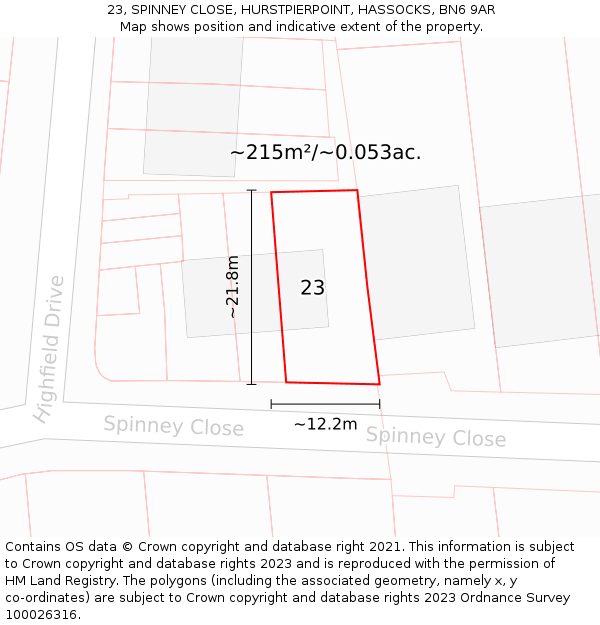 23, SPINNEY CLOSE, HURSTPIERPOINT, HASSOCKS, BN6 9AR: Plot and title map